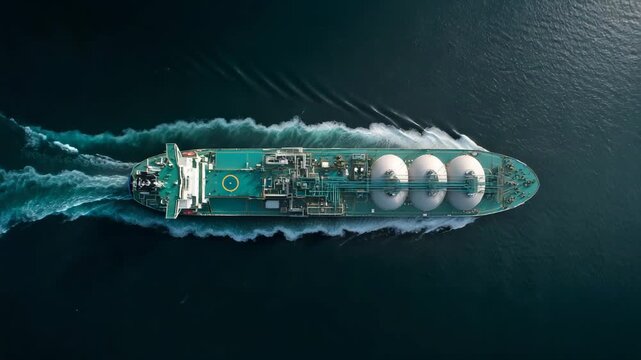 Large LNG tanker ship sailing at sea aerial view energy transport global shipping gas industry ocean logistics maritime export import vessel