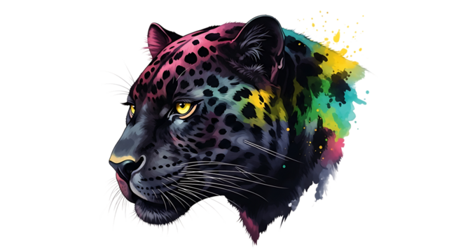 Head of a black jaguar, with colorful abstract paint splatters on its fur, isolated on transparent background, PNG - Powered by Adobe