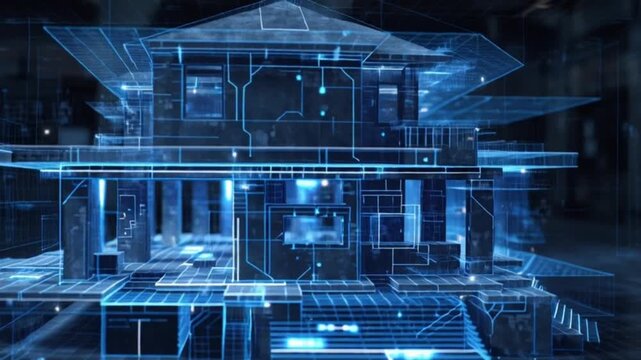 Cinematic 3D blueprint of a futuristic building, showcasing detailed sci-fi architectural design, holographic visuals, and high-tech digital modeling in a sleek, immersive, ultra-modern perspective