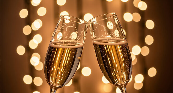 Two champagne glasses clinking in a toast. Festive celebration for New Year or Christmas with golden bokeh