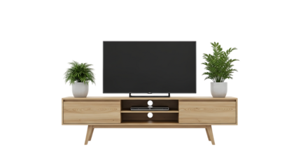 Light wood media console, with flat screen television and potted plants, isolated on transparent background, PNG