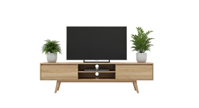 Light wood media console, with flat screen television and potted plants, isolated on transparent background, PNG