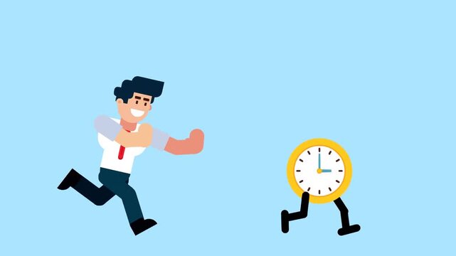 Businessman running after a walking clock on a light blue background. This creative image represents the concept of chasing time, time management, urgency, deadlines, productivity, and business goals.