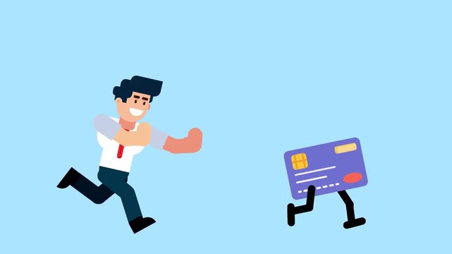 An illustration of a businessman running after a walking credit card on a light blue background. This creative image represents the concept of chasing financial goals, banking, payment, finance.