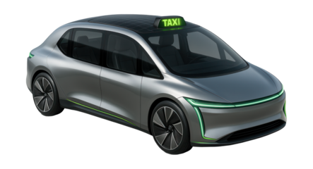 Futuristic electric taxi with a semi-enclosed cabin and solar roof.
