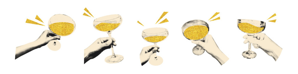 Obraz premium Halftone collage hands holding coupe champagne glasses with sparkling golden wine. Cheers, celebratory toast, cocktail party stickers. Modern retro vector illustration on transparent background