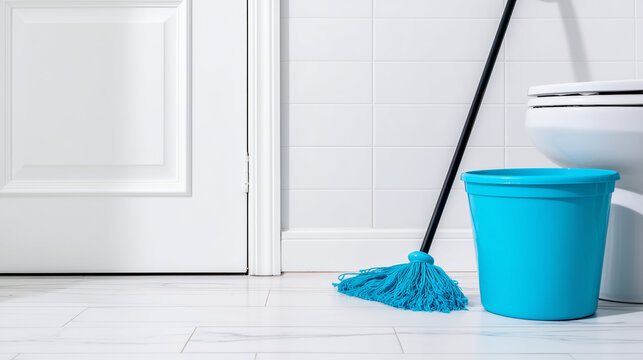 Blue mop and bucket for cleaning on a white tiled bathroom floor. Household chores and janitorial supplies concept with copy space