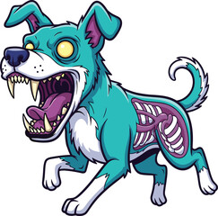Aggressive, cartoon zombified dog vector illustration with exposed ribs, glowing eyes, and sharp teeth, running and barking, perfect for Halloween, horror, spooky, or undead pet designs.