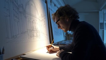 Cinematic close-up of an architect drafting detailed blueprints, meticulously designing structures with precision, creativity and focus, showcasing the art and science of modern architectural planning - Powered by Adobe