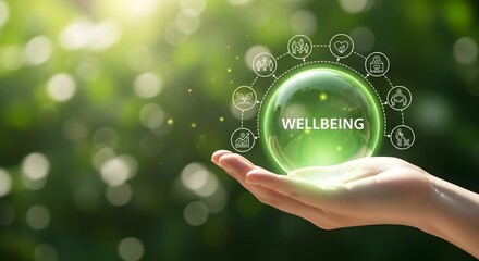 Hand holding glowing sphere with wellbeing text and icons in a nature setting