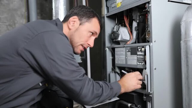 Medium shot capturing a technician inspecting an innovative furnace system focusing on maintenance of energyefficient heating solutions