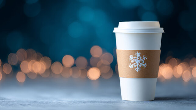 White disposable coffee cup with snowflake design sleeve on blurred festive bokeh background with cool blue and warm light tones