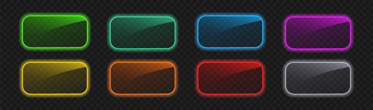 Neon rectangle button set with glow. Border set with light effect. Led banners vector templates different colors
