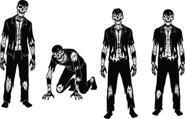 Black and White Zombie Skeleton Figures, Ripped Clothes, Standing and Crawling Poses, Horror, Halloween, Undead Character Set, Vector.