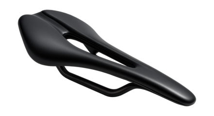 Slim aero saddle featuring carbon rails and a cutout for comfort.