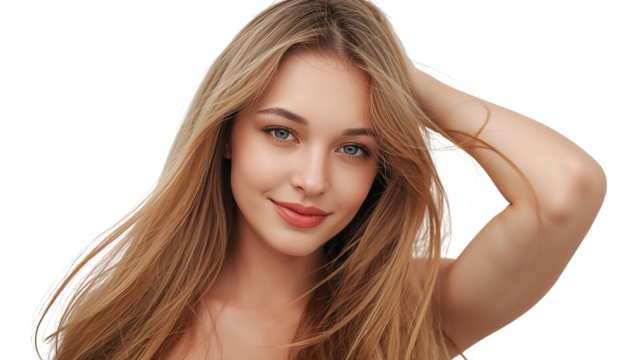 Beautiful young woman with long blond  hair on transparent background