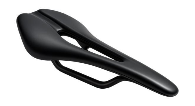 Slim aero saddle featuring carbon rails and a cutout for comfort.