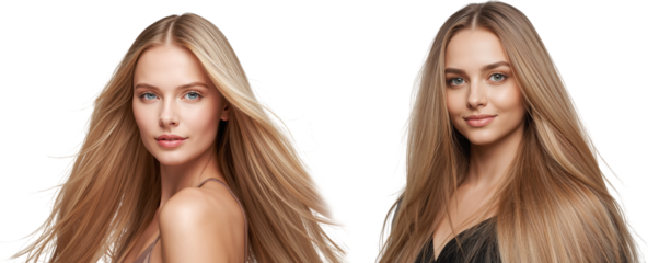 Beautiful young woman with long  blond hair on transparent background