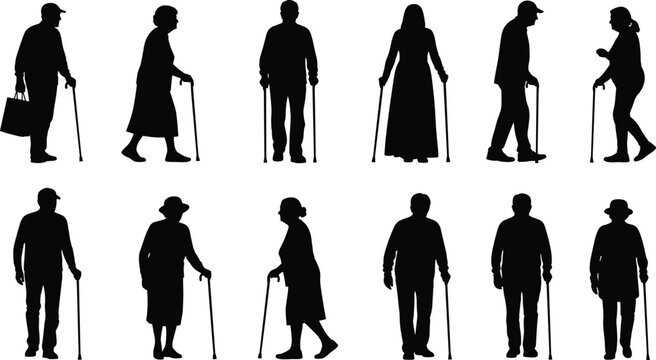 Black Silhouette Vector Set of Twelve Diverse Elderly Men and Women Walking Standing and Using Canes or Sticks Representing Seniority Aging Retirement Mobility and Mature Adult Life Isolated
