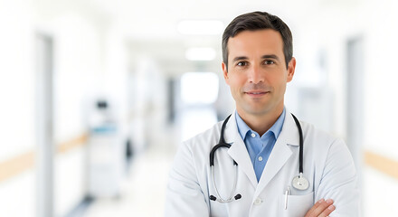 A professional doctor in a medical setting, confidently posing for the camera with a stethoscope around their neck 