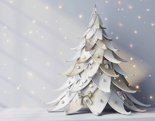 White Fabric Christmas Tree with Glitters on White Background, Generative AI