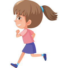 Cartoon Girl Running Energetically in a Pink T-shirt and Blue Skirt with a Ponytail Active Childhood Fun and Fitness Isolated on White Background