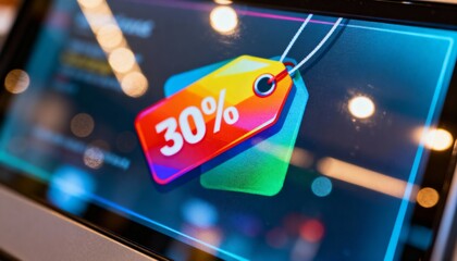 Colorful discount tag showing 30% off for Cyber Monday sale  