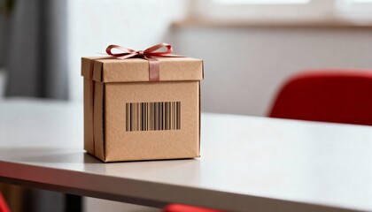Brown gift box with barcode and ribbon on table for Cyber Monday  