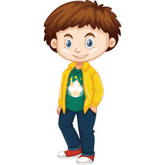 Cartoon Boy With Brown Hair Wearing Yellow Jacket Green T Shirt And Blue Jeans Smiling With Transparent Background