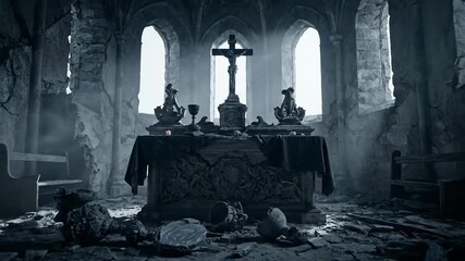 Ancient stone chapel interior with altar and cross in dramatic lighting - Powered by Adobe