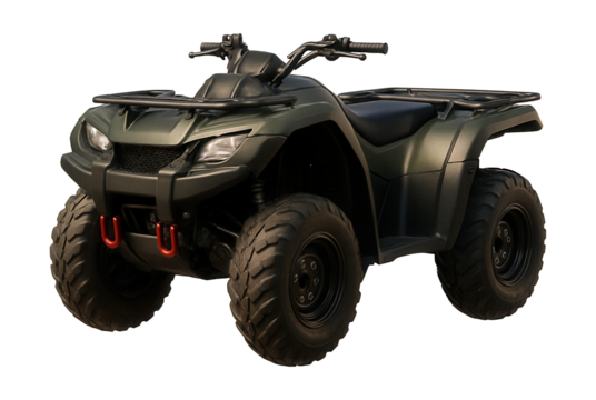 All-terrain vehicle with rear storage and front tow hooks.