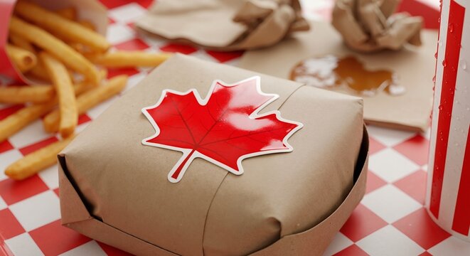 Canadian fast food meal with a maple leaf sticker on a wrapped burger. French fries and a drink on a red checkered tray. National food concept from Canada