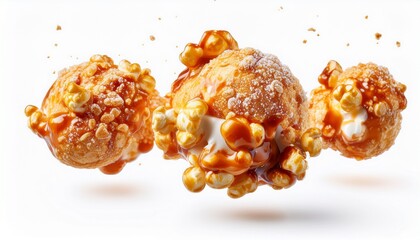 caramel popcorn clusters with powdered sugar isolated on white background flying delicious popcorn isolated on white background