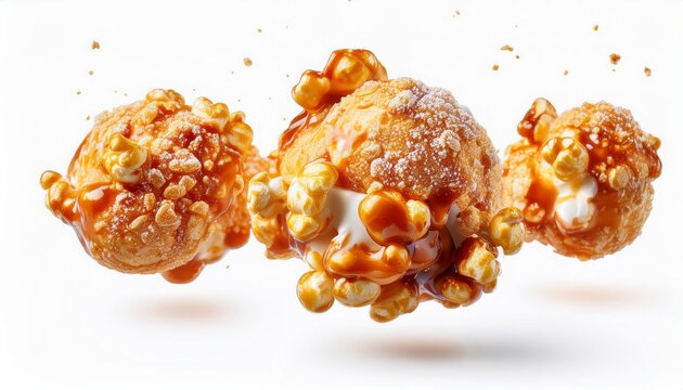 caramel popcorn clusters with powdered sugar isolated on white background flying delicious popcorn isolated on white background