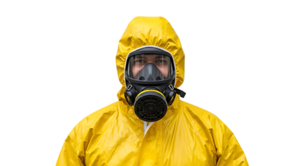Person wearing a bright yellow hazmat suit and gas mask with a clear visor, isolated on a white or transparent background, cutout, PNG