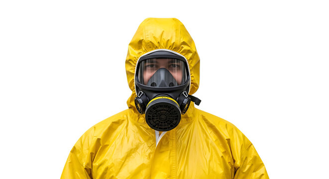 Person wearing a bright yellow hazmat suit and gas mask with a clear visor, isolated on a white or transparent background, cutout, PNG