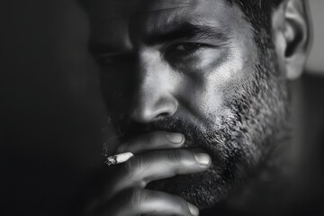 Intense monochrome portrait of a brooding man smoking a cigarette in the dark