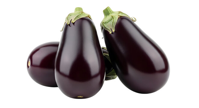 Three glossy dark purple eggplants with green stems, isolated on a white or transparent background, cutout, PNG