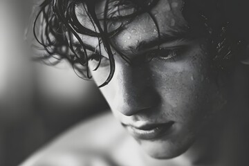 Dramatic portrait of a young man with wet hair and thoughtful expression