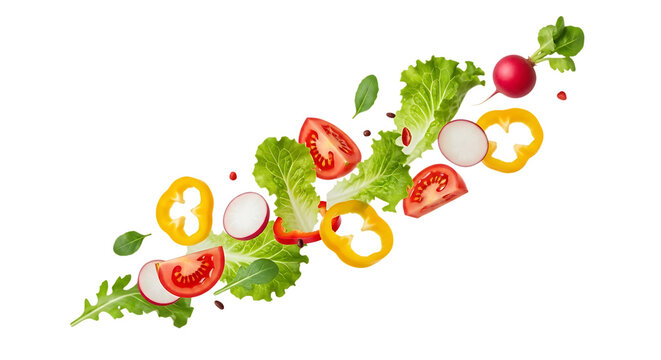 Fresh salad ingredients including lettuce tomato radish and bell pepper slices, isolated on a white or transparent background, cutout, PNG