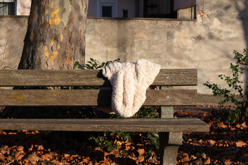 Cozy white scarf draped over a wooden park bench surrounded by fallen autumn leaves, showcasing seasonal textures and inviting warmth in a tranquil outdoor setting