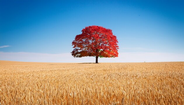 a solitary tree with red leaves standing in a golden wheat field under a clear blue sky landscape