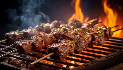 delicious lamb skewers grilling on a barbecue with flames and smoke creating a mouthwatering scene