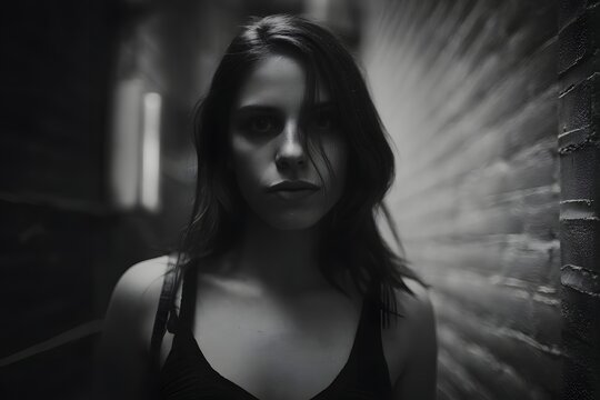 Close up portrait of a young woman in a dimly lit corridor