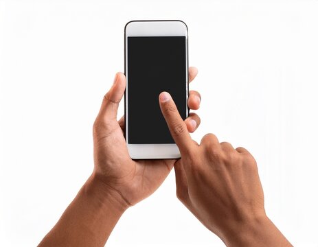 hands holding and using a smartphone isolated on white background hand holding mobile phone finger clicking on blank screen mock up tapping ok on display isolated on white background