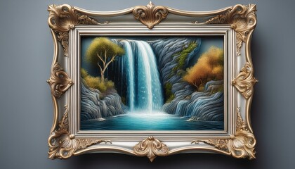 painting showing a waterfall flowing out of its ornate frame merging art with reality on a gray wall
