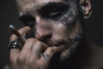 Contemplative man with smeared makeup smoking cigarette in dim lighting