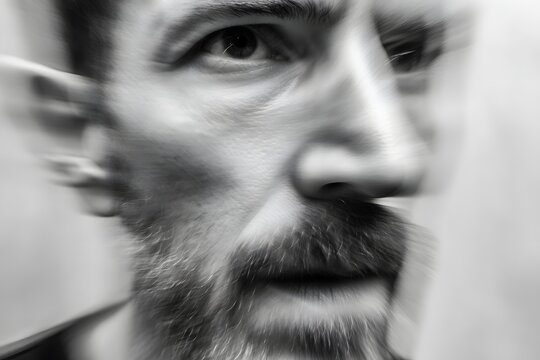 Monochrome close-up of a man's face with motion blur for abstract effect