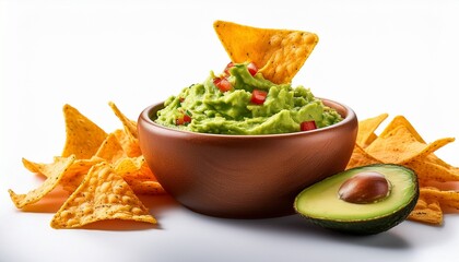 fresh guacamole with tortilla chips isolated on white background guacamole bowl with nachos tortilla chips isolated on white background