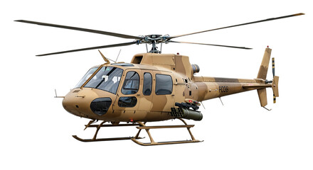 Obraz premium Camouflaged Military Helicopter with Rocket Pods and Rotor Blades, isolated on a white or transparent background, cutout, PNG